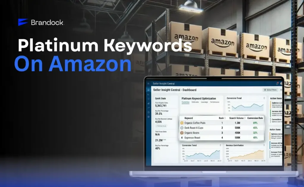An informative e-commerce optimization banner for Amazon Platinum Keywords by Brandock, displaying a laptop with a Seller Insight Central dashboard tracking keyword ranks and conversion rates against an Amazon fulfillment warehouse background.