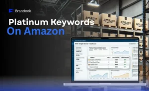 An informative e-commerce optimization banner for Amazon Platinum Keywords by Brandock, displaying a laptop with a Seller Insight Central dashboard tracking keyword ranks and conversion rates against an Amazon fulfillment warehouse background.