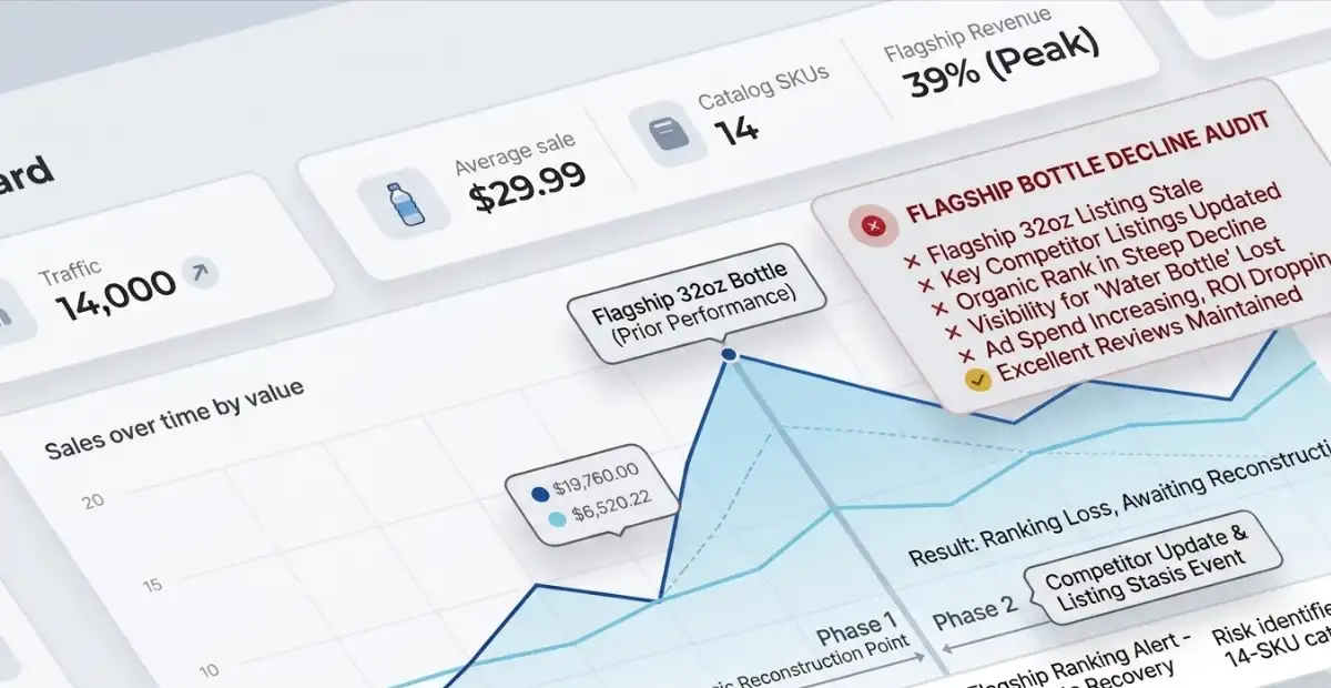 An e-commerce analytics dashboard illustrating a case study titled The Client_ A Proven Hero Product Losing Ground by Brandock. The interface displays performance charts showing "Sales over time by value," data metric cards for "Traffic 14,000," "Average sale $29.99," and "Flagship Revenue 39% (Peak)." A prominent line graph tracks the "Flagship 32oz Bottle" showing a steep decline in a timeline labeled "Result: Ranking Loss, Awaiting Reconstruction," accompanied by a critical red-bordered "FLAGSHIP BOTTLE DECLINE AUDIT" checklist highlighting stale listings and dropping ROI.