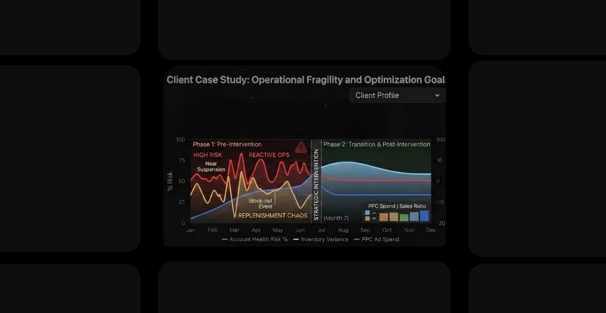 A dark-mode client business case study dashboard illustrating The Client_ Strong Demand, Fragile Operations analysis by Brandock. The image displays a dual-phase performance chart titled "Client Case Study: Operational Fragility and Optimization Goals." "Phase 1: Pre-Intervention" tracks high account health risk percentages, inventory variance, and reactive operations labeled with "Near Suspension" and "Stock-out Event" spikes under "Replenishment Chaos" metrics. A central line marks a "Strategic Intervention," leading to "Phase 2: Transition & Post-Intervention" where metrics flatten out into stable, optimized ranges through December.