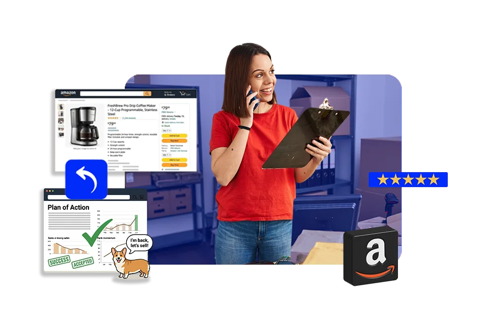 A conceptual corporate graphic highlighting an Amazon Reinstatement Service by Brandock. The composition features a smiling female warehouse manager in a red shirt talking on a smartphone while reviewing inventory records on a clipboard, set against a background of storage shelves. Floating graphic overlays surround her, including an active Amazon coffee maker product listing page, a blue curved arrow button, a five-star rating badge, and a black Amazon icon block. On the bottom-left, an approved "Plan of Action" dashboard displays positive analytical charts marked with a green checkmark alongside "SUCCESS" and "ACCEPTED" stamps, next to a small dog illustration saying, "I'm back, let's sell!"