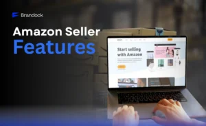 Laptop showing the Amazon seller central landing page with shipping boxes in the background, highlighting Amazon Seller Features by Brandock