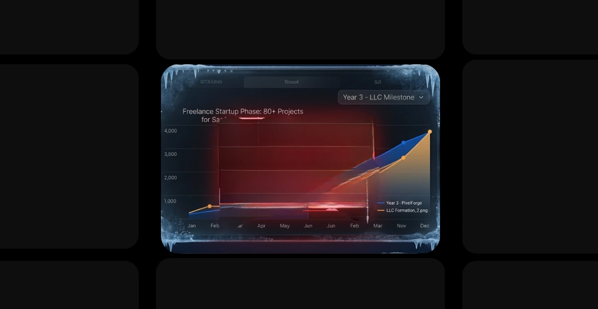 A conceptual data dashboard graphic depicting the Challenge: An Inauthentic Complaint That Froze an Entire Account by Brandock. The image shows a dark-themed user interface framed within a grid layout, with the entire central dashboard card covered in thick, crystalline frost and icicles along its border to represent an account freeze. The interface displays an analytical line chart tracking metrics over a calendar year with a dropdown menu reading "Year 3 - LLC Milestone." The chart shows two metrics, "Year 3 - PixelForge" and "LLC Formation_2.png," flatlining along the bottom during the middle months before rising sharply in a blue and orange spike toward November and December.