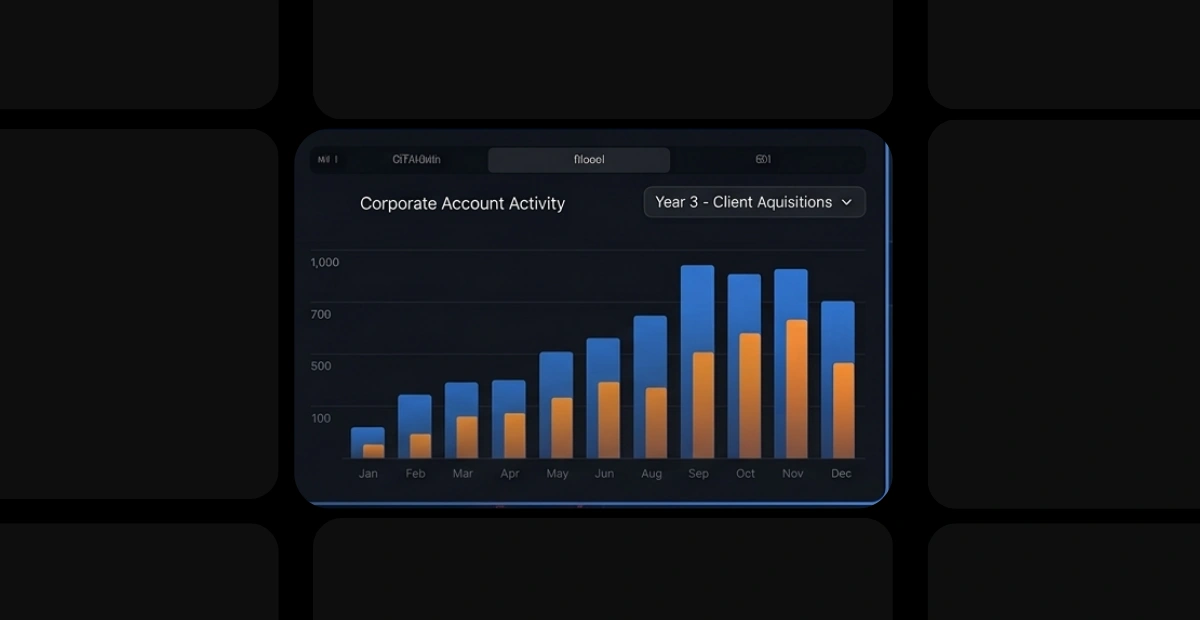 An analytical dashboard illustration addressing the Challenge: Proving No Connection Existed Between Two Unrelated Accounts by Brandock. The graphic features a dark-themed user interface centered within a grid pattern layout. The main card displays a "Corporate Account Activity" dashboard tracking data across a calendar year from January to December, with a dropdown selector set to "Year 3 - Client Acquisitions." The analytical data is presented via side-by-side comparative bar charts for each month, showing varying data heights with blue bars paired alongside orange bars to illustrate distinct account metrics.