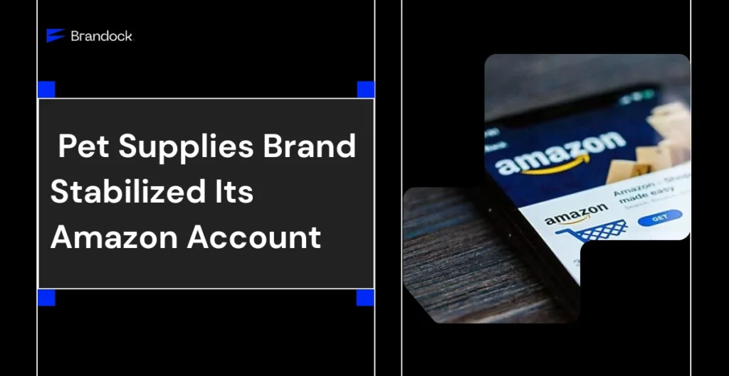 A case study presentation banner showcasing how a Pet Supplies Brand Stabilized Its Amazon Account by Brandock. The left section features a solid black background with the blue Brandock corporate logo in the top-left corner and bold white headline text framed by small blue corner accents. The right section, separated by a thin white line, displays a stylized geometric cutout shape revealing a smartphone screen on a wooden surface that shows an active Amazon mobile app download interface complete with the Amazon logo, a shopping cart graphic, and a blue "GET" button.