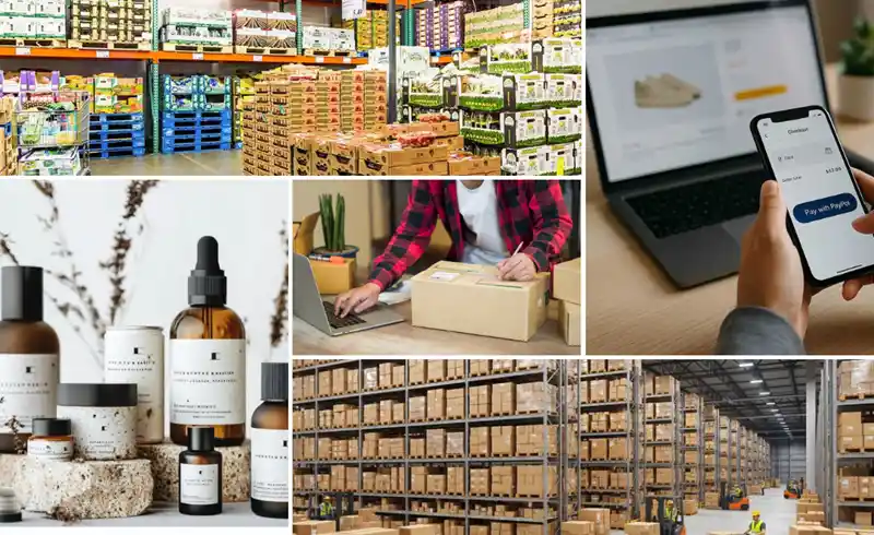 A five-panel collage illustrating The 5 Factors That Separate Winning Products from Money Pits by Brandock. The graphic explores e-commerce supply chains and retail fulfillment, showcasing: a supermarket storage area stacked with fresh inventory on blue pallets in the top-left panel; an elegant arrangement of skincare cosmetic bottles and jars on textured stones in the bottom-left panel; an entrepreneur in a red plaid shirt packing a shipping box at a desk with a laptop in the center panel; a massive distribution center filled with high-density inventory racks and forklifts along the bottom panel; and a close-up of a consumer using a smartphone to finish an online checkout with an open laptop in the background across the right panel.