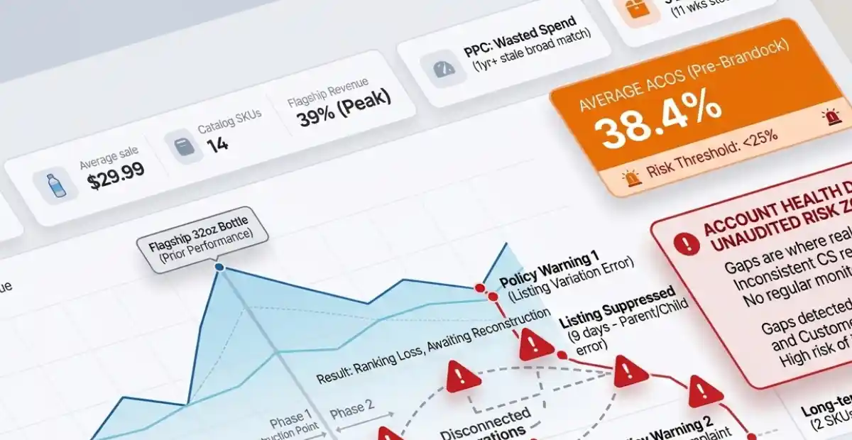 An e-commerce audit dashboard detailing The Brand A Bestseller Losing Ground case study by Brandock. The interface displays an analytical line chart tracking performance metrics, highlighting critical account issues such as "Policy Warning 1 (Listing Variation Error)" and a "Listing Suppressed" alert that resulted in a ranking loss. The upper section of the dashboard features several information cards, including a prominent orange box showing an "Average ACOS (Pre-Brandock)" score of 38.4% against a risk threshold of less than 25%, alongside cards tracking an average sale of $29.99, catalog SKUs, and a note regarding wasted PPC ad spend.