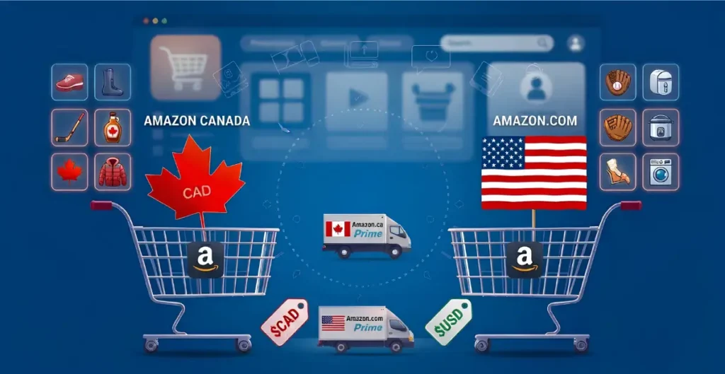 A comparative digital marketing graphic explaining What Makes Amazon Canada Different from Amazon.com by Brandock. The illustration is set against a dark blue background featuring a blurred web browser interface. On the left side, under the text "AMAZON CANADA," an Amazon-branded shopping cart holds a large red Canadian maple leaf labeled "CAD," flanked by regional product icons like a hockey stick, maple syrup, and a winter parka. On the right side, under "AMAZON.COM," a matching shopping cart holds the United States flag, flanked by product icons like a baseball glove, slow cooker, and washing machine. Two delivery trucks, one labeled Amazon.ca Prime with a Canadian flag and the other Amazon.com Prime with a US flag, drive in a central circle between currency price tags reading "$CAD" and "$USD."