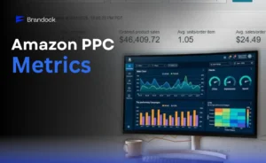 Brandock web banner titled "Amazon PPC Metrics" displaying a desktop monitor showing performance analytics dashboards, ACoS charts, and sales metrics