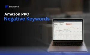 Brandock promotional banner illustrating Amazon PPC negative keyword optimization, reducing wasted ad spend, negative exact and phrase match targeting, and improving ACoS for seller campaigns.