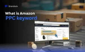 Educational banner explaining What Is Amazon PPC by Brandock, showing a computer monitor displaying Amazon Advertising search results, product keyword matches, and stacked gold coins.