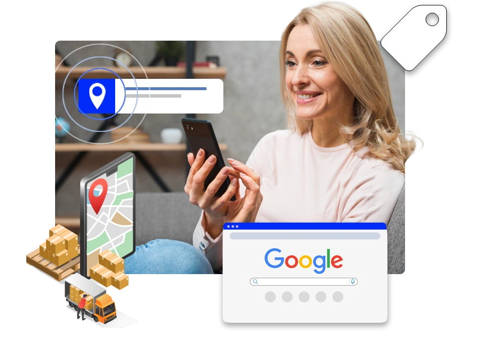 Amazon PPC Management Services illustrated by a shopper using a mobile device with location targeting, online search, and product delivery visuals, showcasing optimized ad performance and sales growth by Brankdock.