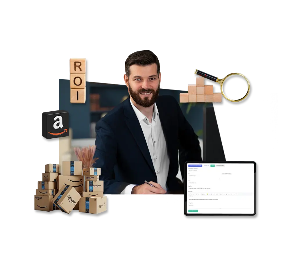 A professional man in a suit surrounded by digital elements representing Amazon Wholesale FBA Automation by Brandock, including a tablet showing a management dashboard and wooden ROI blocks.