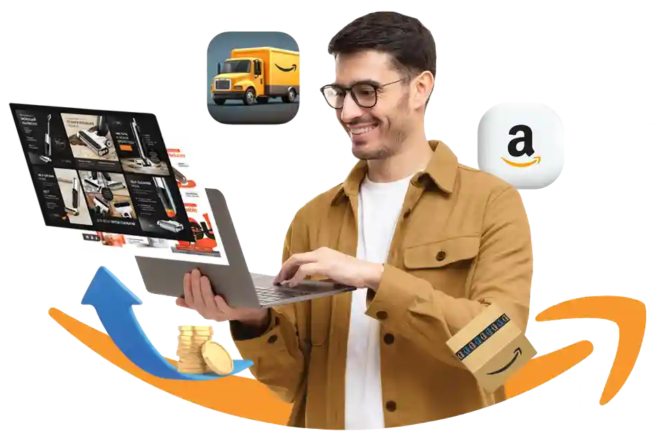 A professional banner for Brandock, a leading Amazon Automation Agency, showing a user managing an Amazon storefront on a laptop with visual elements representing coins, boxes, and delivery trucks.